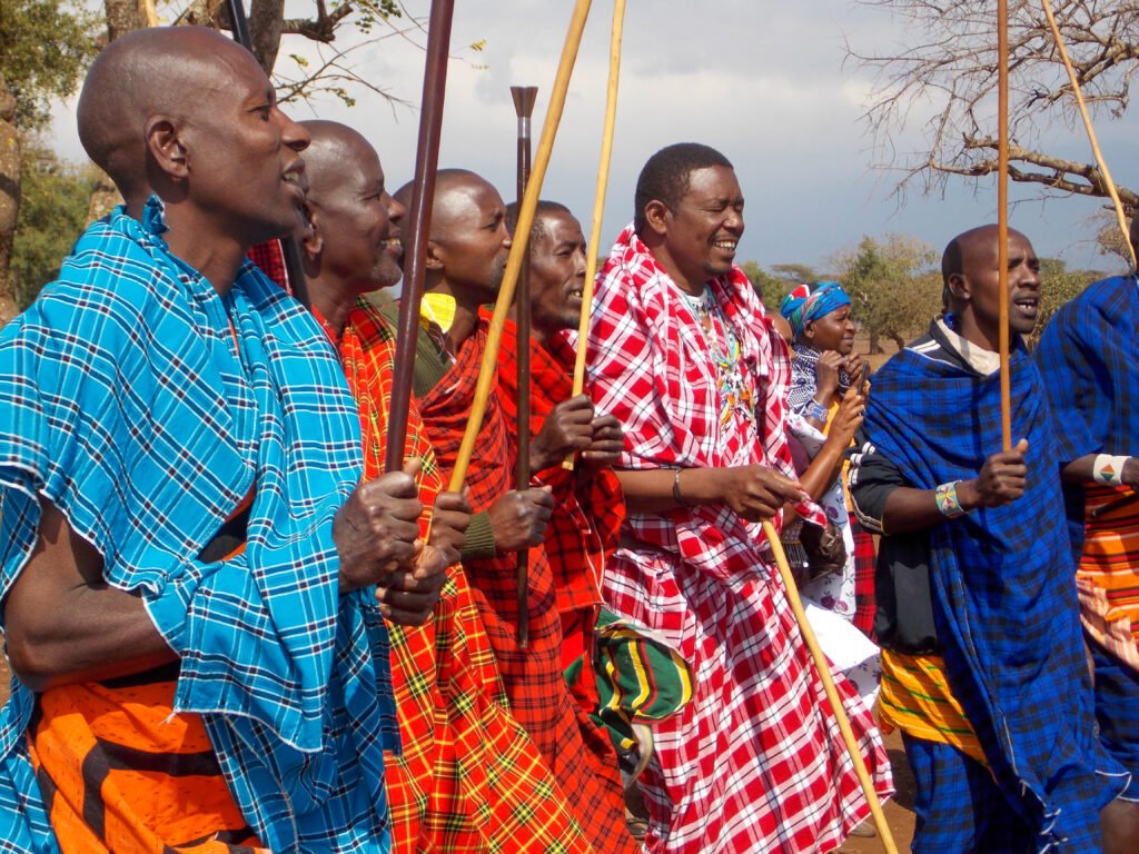 Maasai warriors welcome the guests of honor