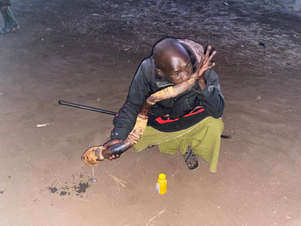 The blowing of the Kudu antelope horn: A horn will be blown during honored and significant events like emuta. Only gifted and talented people can play the horn because of its societal significance.  During blowing, milk is repeatedly used to lubricate it.  Because some songs can last a long time - more than 30 minutes, multiple players will share blowing the horn. Only the owner, men of the age-set of the horn owner, traditional area leaders, and the singing team leadership have the right to play the horn.